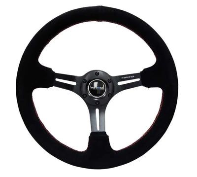 NRG NRG Reinforced Steering Wheel (350mm / 3in. Deep) Blk Suede w/Red Stitching & 5mm Spokes w/Slits