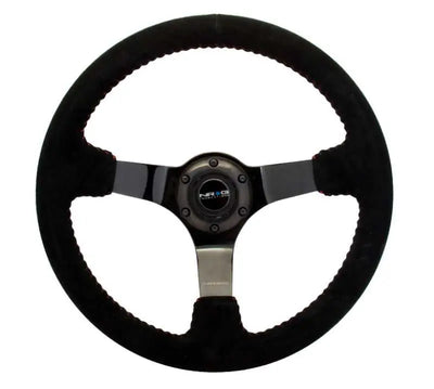 NRG NRG Reinforced Steering Wheel (350mm / 3in. Deep) Blk Suede w/Red BBall Stitch & Black 3-Spoke