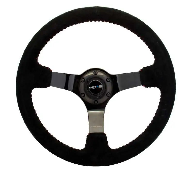 NRG NRG Reinforced Steering Wheel (350mm / 3in. Deep) Blk Suede w/Red BBall Stitch & Black 3-Spoke