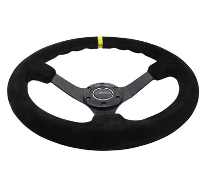 NRG Reinforced Steering Wheel (350mm / 3in. Deep) Blk Suede/X-Stitch w/5mm Blk Spoke & Yellow CM 