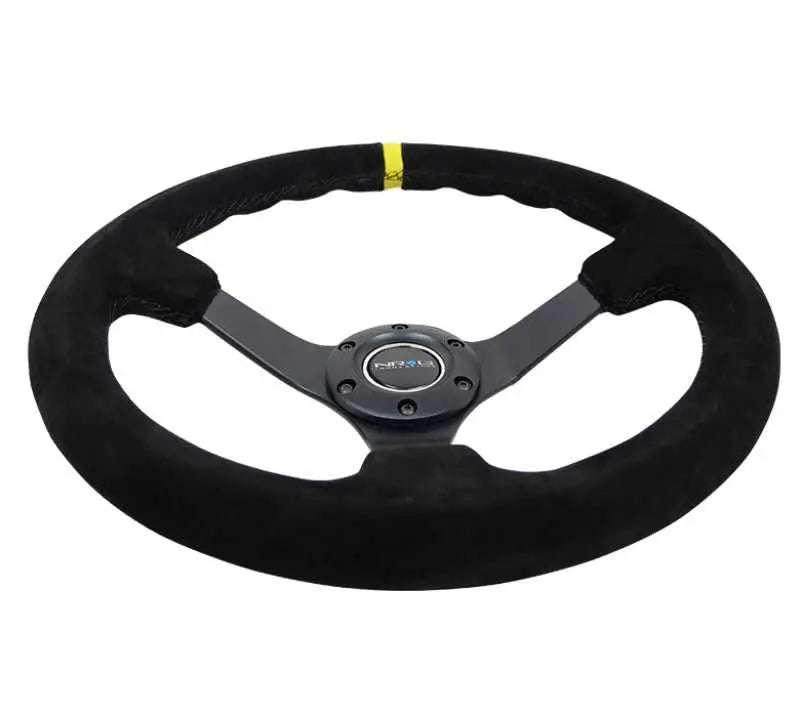NRG Reinforced Steering Wheel (350mm / 3in. Deep) Blk Suede/X-Stitch w/5mm Blk Spoke & Yellow CM 