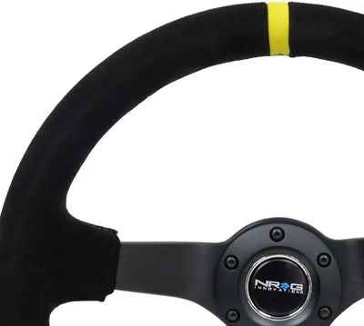 NRG Reinforced Steering Wheel (350mm / 3in. Deep) Blk Suede/X-Stitch w/5mm Blk Spoke & Yellow CM 
