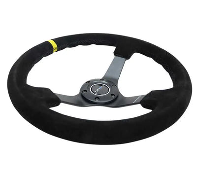NRG Reinforced Steering Wheel (350mm / 3in. Deep) Blk Suede/X-Stitch w/5mm Blk Spoke & Yellow CM 
