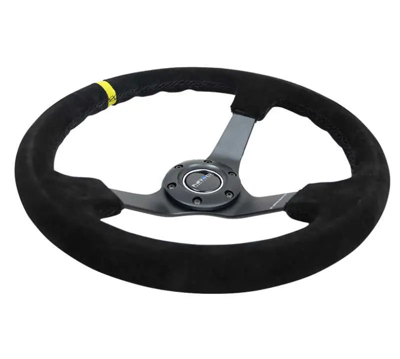 NRG Reinforced Steering Wheel (350mm / 3in. Deep) Blk Suede/X-Stitch w/5mm Blk Spoke & Yellow CM 