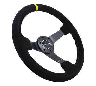 NRG Reinforced Steering Wheel (350mm / 3in. Deep) Blk Suede/X-Stitch w/5mm Blk Spoke & Yellow CM 