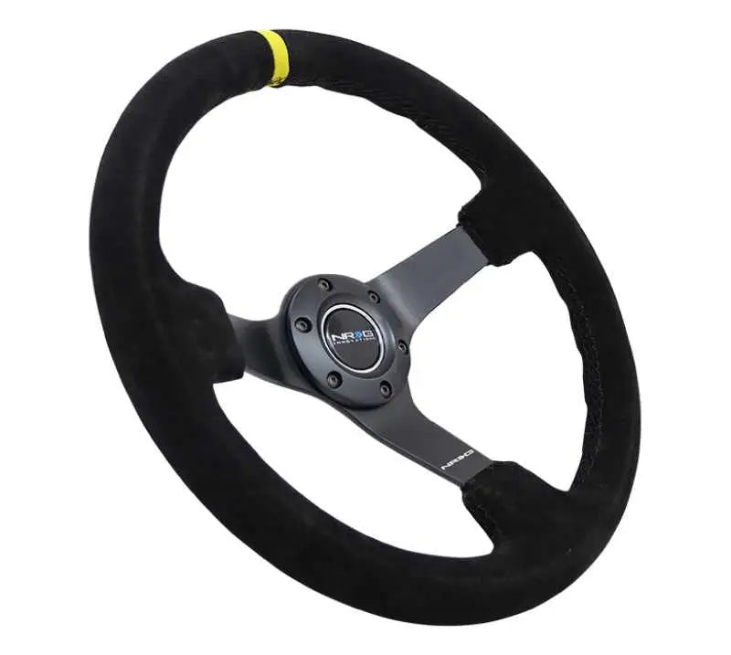 NRG Reinforced Steering Wheel (350mm / 3in. Deep) Blk Suede/X-Stitch w/5mm Blk Spoke & Yellow CM 