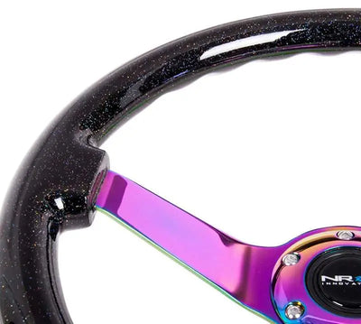 NRG Reinforced Steering Wheel (350mm / 3in. Deep) Classic Blk Sparkle w/4mm Neochrome 3-Spoke Center 