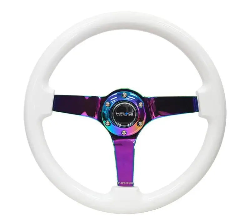 White NRG Reinforced Steering Wheel with iridescent spokes for a slick look