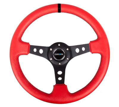 NRG NRG Reinforced Steering Wheel (350mm / 3in. Deep) Red Suede w/Blk Circle Cutout Spokes