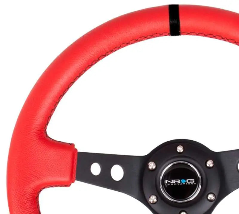 NRG Reinforced Steering Wheel (350mm / 3in. Deep) Red Suede w/Blk Circle Cutout Spokes 