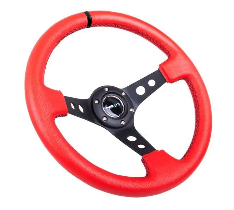 NRG Reinforced Steering Wheel (350mm / 3in. Deep) Red Suede w/Blk Circle Cutout Spokes 