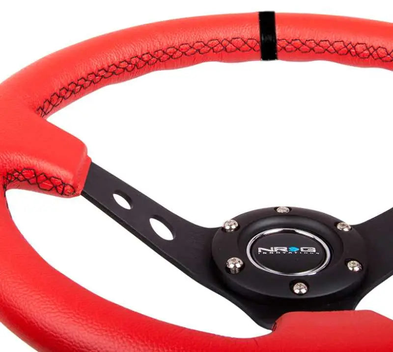 NRG Reinforced Steering Wheel (350mm / 3in. Deep) Red Suede w/Blk Circle Cutout Spokes 
