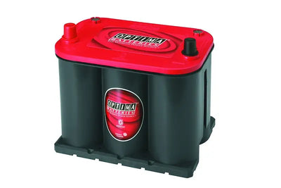 Glossy red and black Optima bat high performance battery with starting power