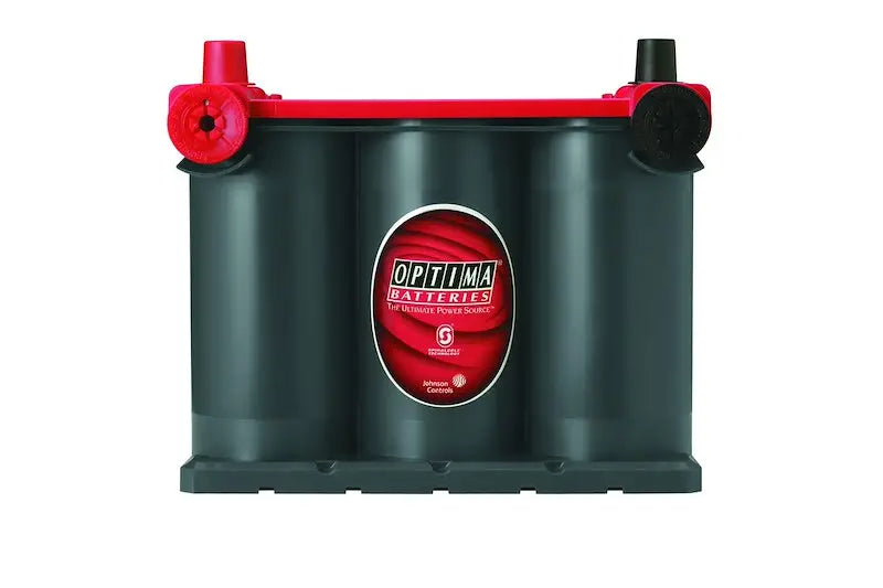 Dark gray Optima Bat red top battery with oval label for starting power