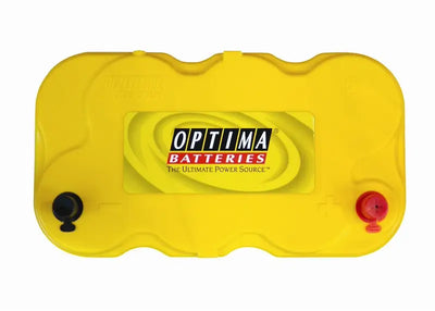 Bright yellow Optima Battery D27F with red positive and black negative terminals