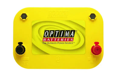 Bright yellow Optima Bat D35 Yellow Top battery with red black terminals ensures optimal power