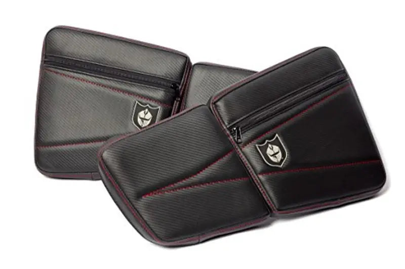 Black carbon fiber storage bags with red stitching and shield logos for P141054RD Pro Armor knee pads