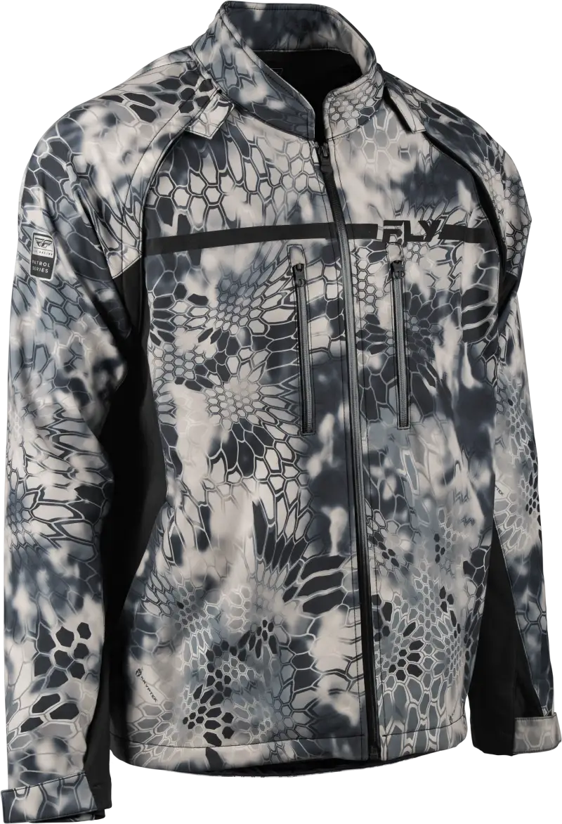 Men’s gray and black camouflage softshell jacket with pockets, perfect for RV parts & accessories