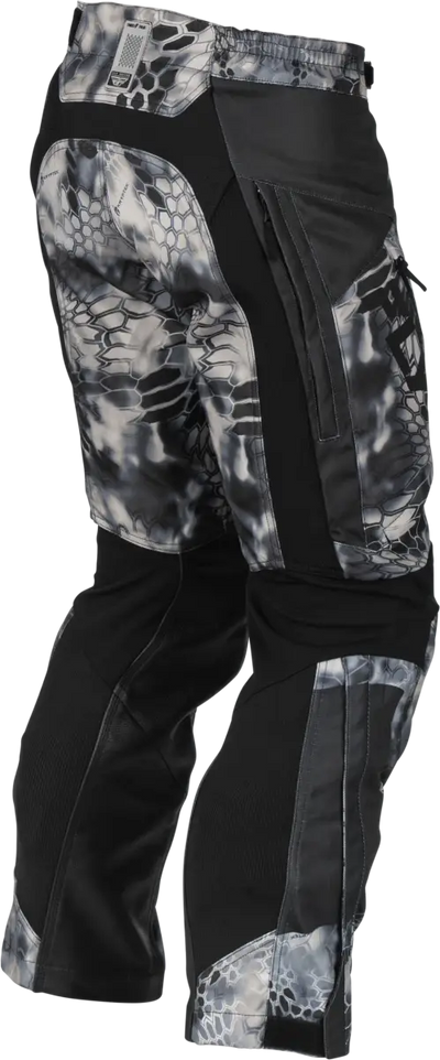 Camouflage and black Snow Pants easily allow access to lower legs for comfort