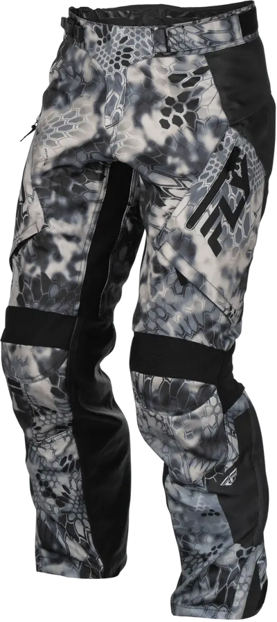 Camouflage motocross pants easily allow access to lower leg for quick gear changes