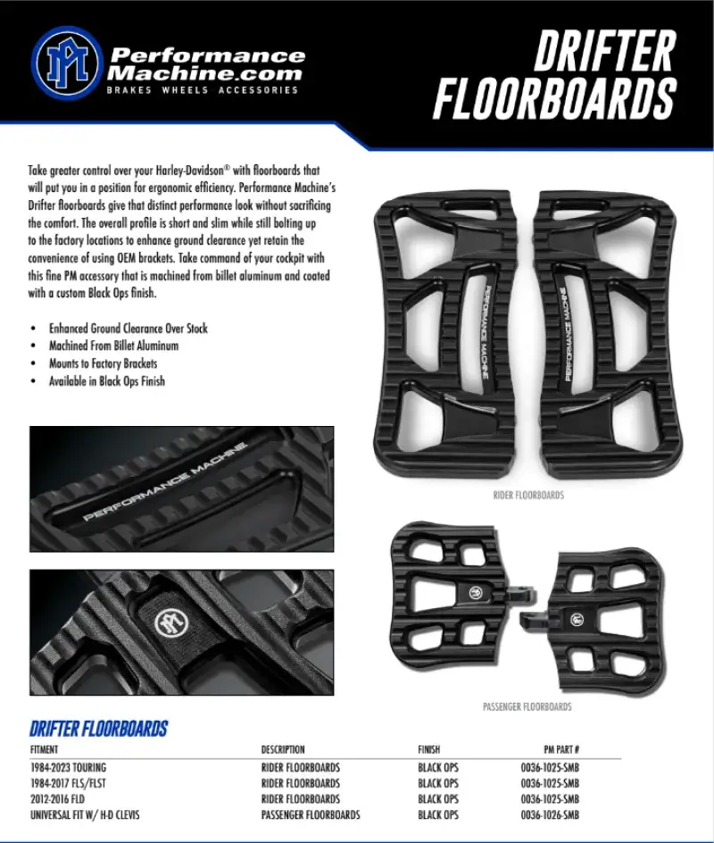 Performance Machine Floorboard Assembly Rider Drifter - Black Ops - Controls