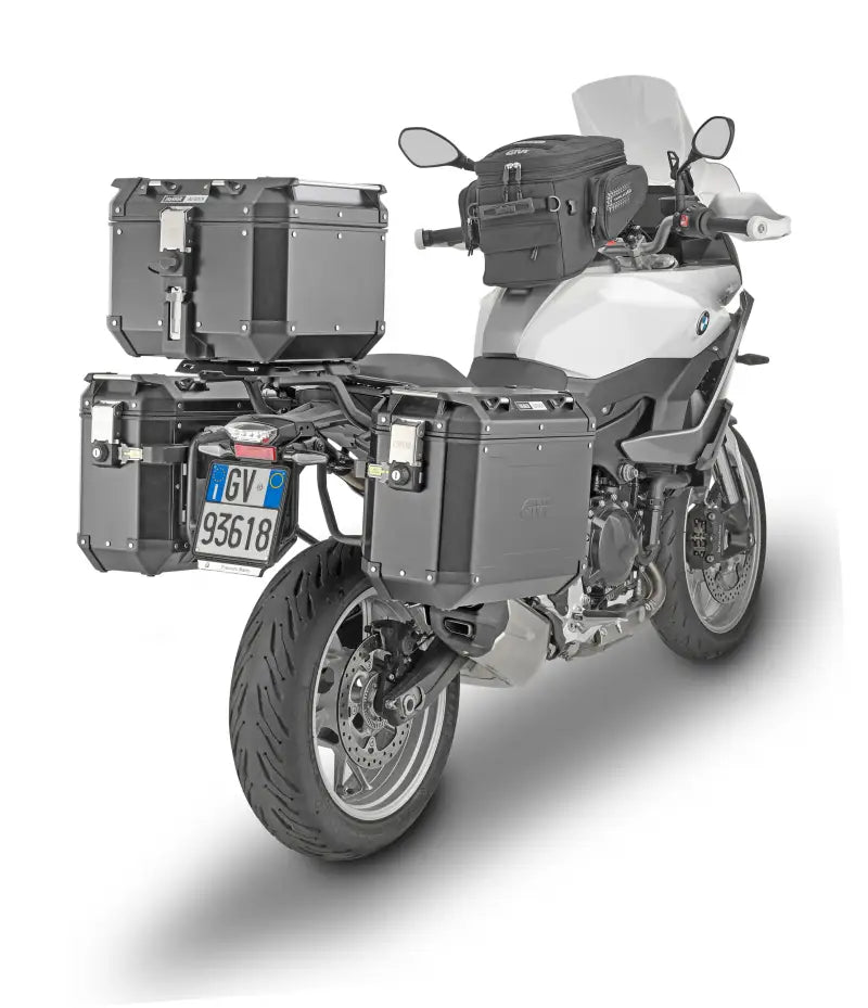 White adventure touring motorcycle with PLO5137CAM hard luggage mounting hardware