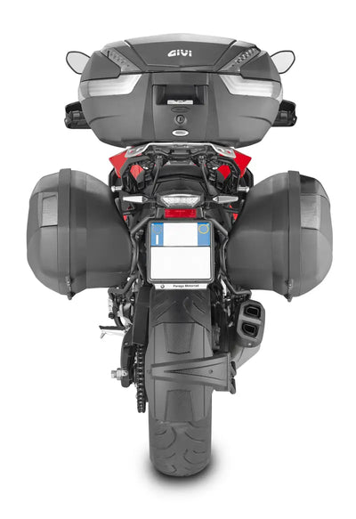 Motorcycle with matte black hard luggage mounting hardware for top case and panniers