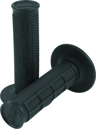 Black waffle grips on motorcycle handlebar for a sleek black look and smooth riding experience