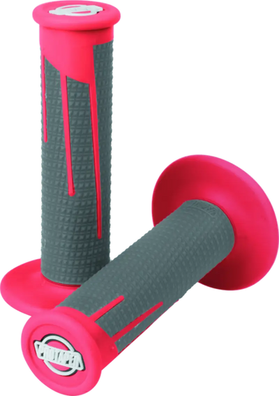 Pink and gray motorcycle handlebar grips with red dark gray accents for ProTaper grips