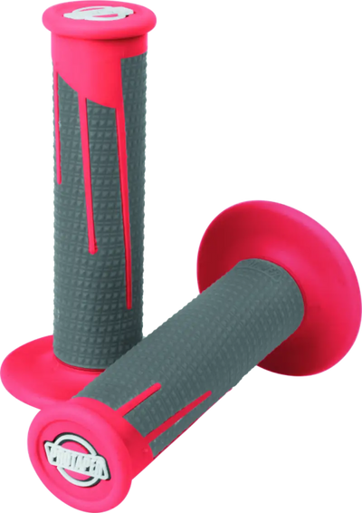 Pink and gray motorcycle handlebar grips with red dark gray accents for style