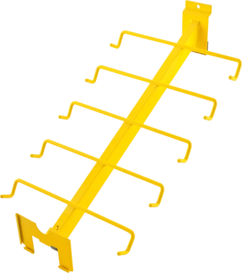 Yellow metal wall-mounted tool rack on ProTaper Slat Wall Waterfall Pair Black