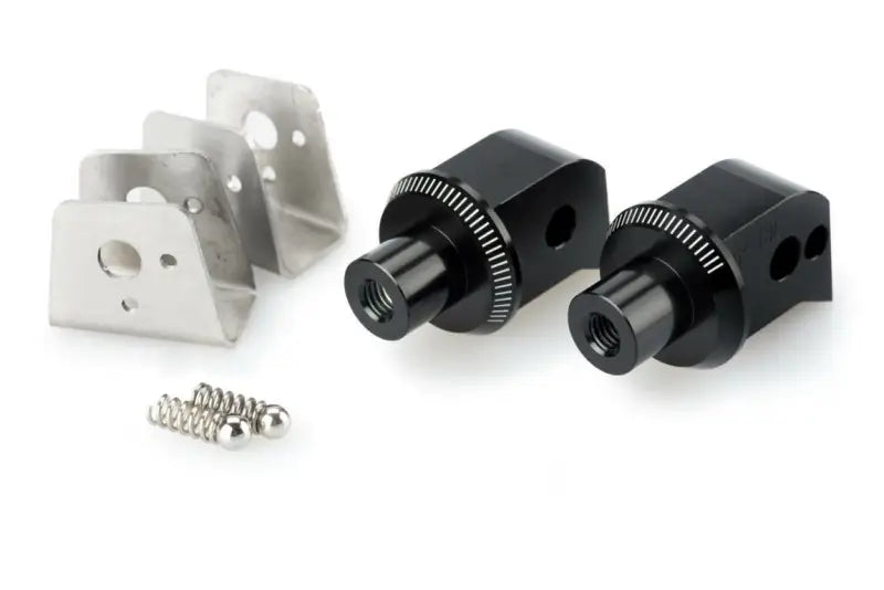 Black anodized Puig 8798N footpeg adapter with mounting brackets and stainless steel L-brackets