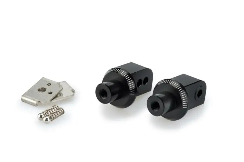 Black adjustable optical mounts with metal plates for Puig 9616N footpeg adapter setup
