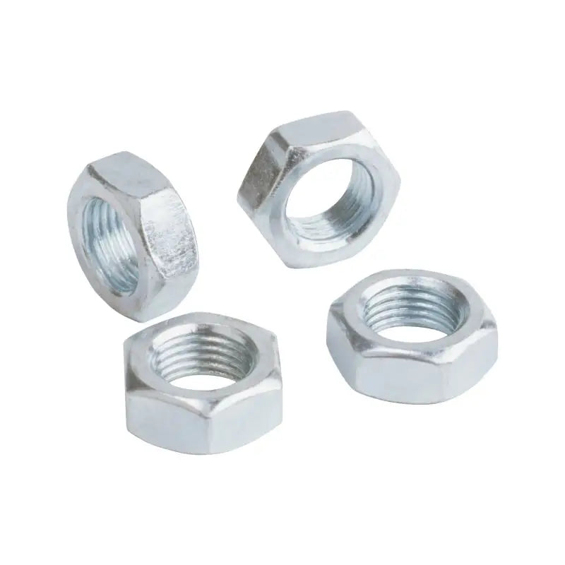 Four silver steel jam nuts with 1-1/8 inch hex and 7/16 inch width