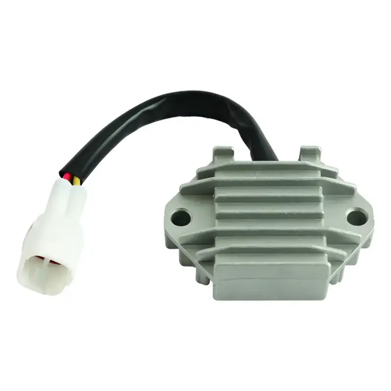 Gray voltage regulator with wiring harness.