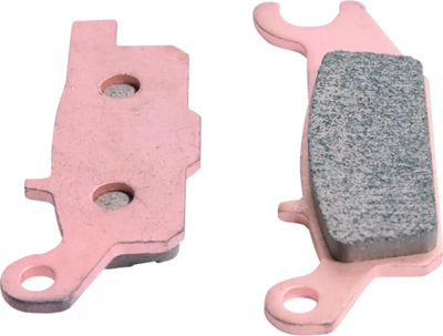 Pink brake pads with gray friction material for Yamaha YFM250R front left sintered brake pad