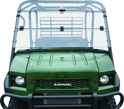 Green Kawasaki KAF620M Mule utility vehicle with folding windshield for the Kawasaki KAF620M mule