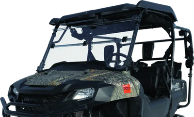 Camouflaged utility vehicle for Honda SXS700 Pioneer with folding windshield accessory