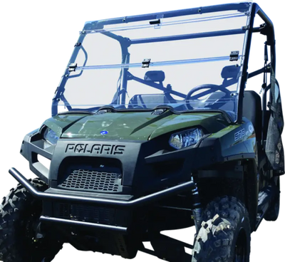 Green Polaris Ranger utility vehicle with windbreak folding windshield for protection
