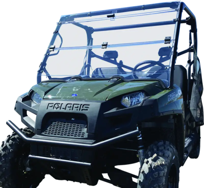 Green Polaris Ranger Crew utility vehicle with folding windshield for off-road adventures