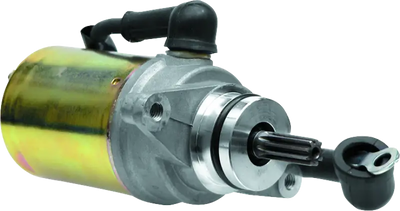 Gold and silver Yamaha YFA-1 Breeze electric starter motor with splined shaft and connections