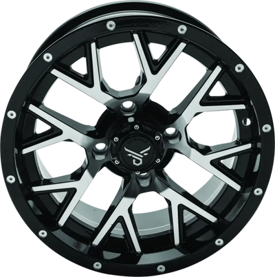 Black machined split-spoke wheel from QuadBoss Barbwire 14x7 series for off-road rides
