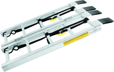 White metal rack with black and yellow parts for QuadBoss Bifold Ramp Counter Display