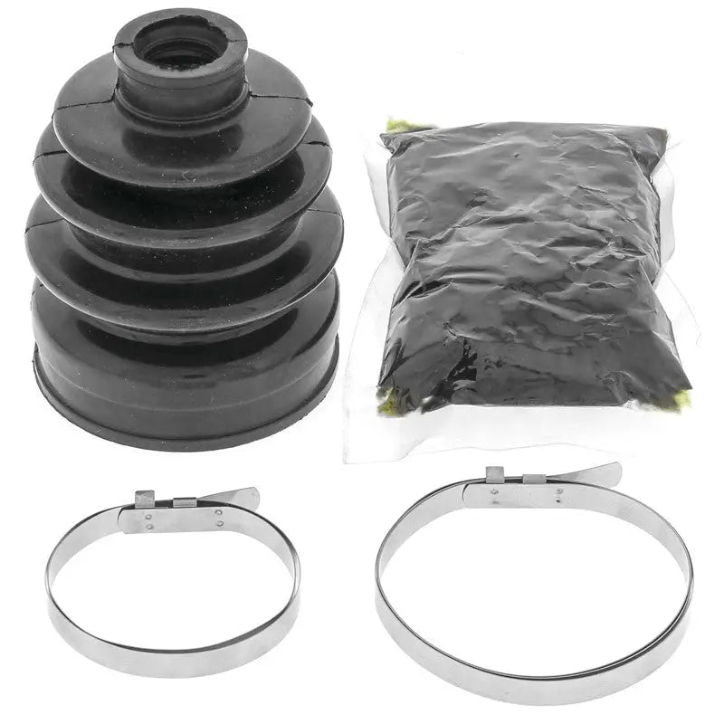 Black rubber QuadBoss CV boot with grease and metal clamps for ATV’s CV joint
