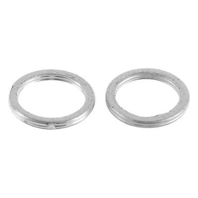 Two silver metal gaskets from the QuadBoss Exhaust Gasket Kit for durable exhaust fit