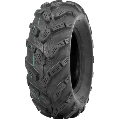 Black ATV tire with aggressive tread on QuadBoss Qb 20 Year Tee Blk/Ylw Lg