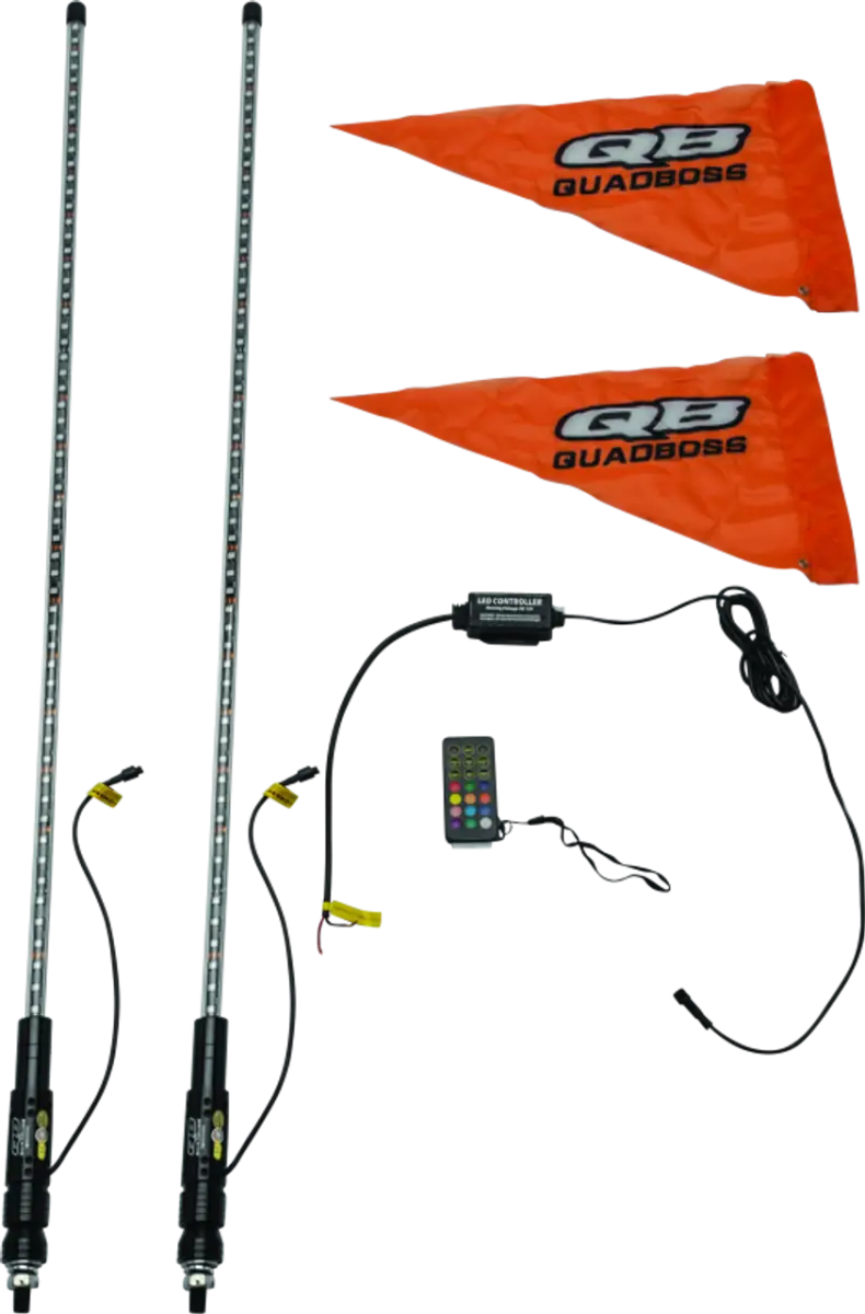 QuadBoss QB 4ft single whip LED lights with orange flags for off-road fun