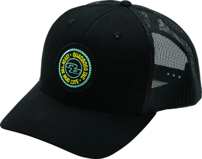 Black trucker hat with quadboss qb logo for outdoor activities, part of logo tee collection