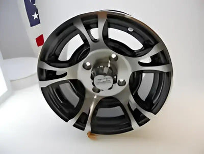 Black and silver aluminum wheel for QuadBoss QBoss Carburetor Kit, looks sleek and stylish