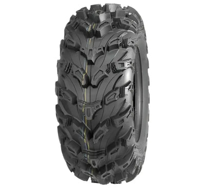 QuadBoss QBT672 radial mud tire with black rubber, deep treads, yellow sidewall